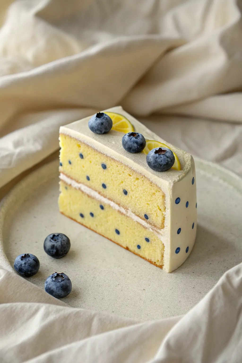 Fresh lemon blueberry clay cake slice with minimalist frosting and tiny berries, simple and chic.