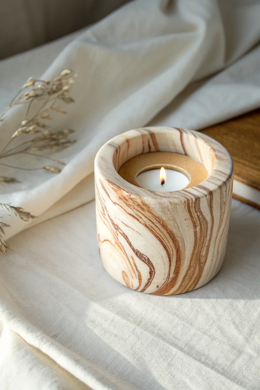 Softly swirled marbled clay candle holder in calm neutrals for a warm minimalist glow