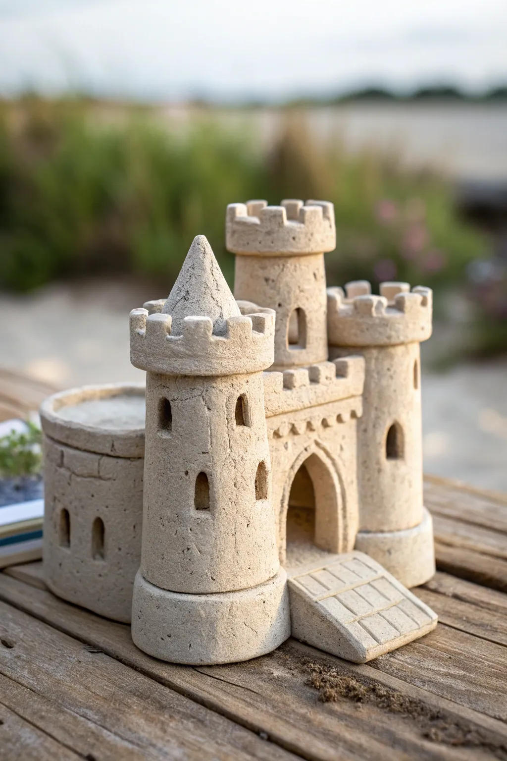 Minimal clay castle with a working drawbridge, open over a tiny moat for dreamy decor