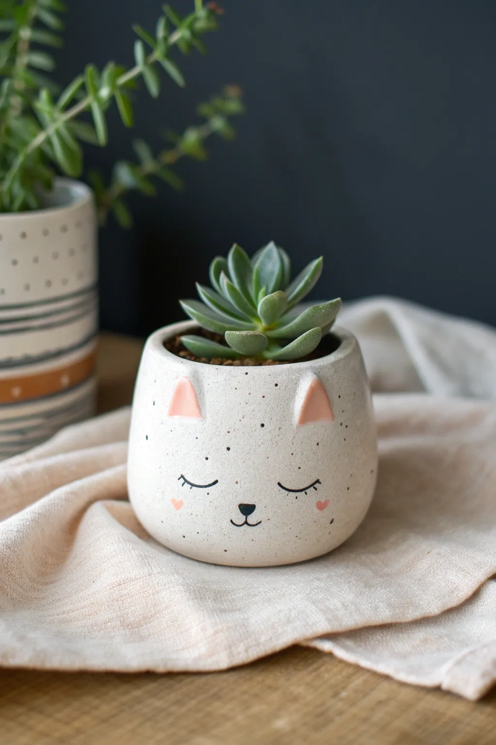 Minimal cat head planter buddy with a tiny succulent, perfect for a cozy Scandinavian boho nook.