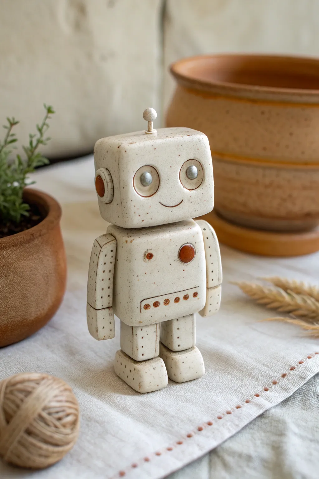 Simple clay robot buddy with rounded limbs, minimalist Scandinavian look and a soft boho touch