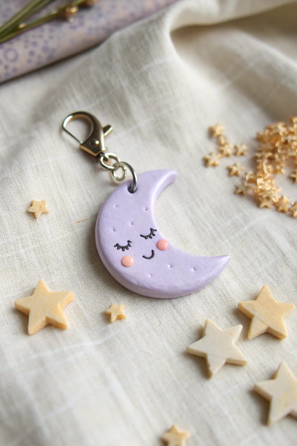 Dreamy crescent moon clay charm with sleepy face, blush cheeks, and tiny star accents.