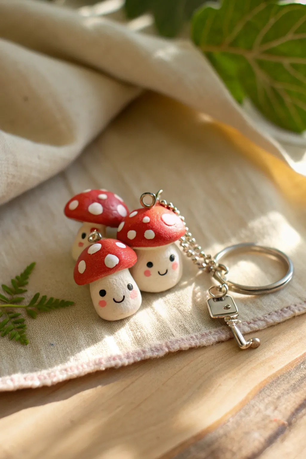 Mini mushroom buddy charms in soft pastels and red, a tiny forest of smiles for your keyring