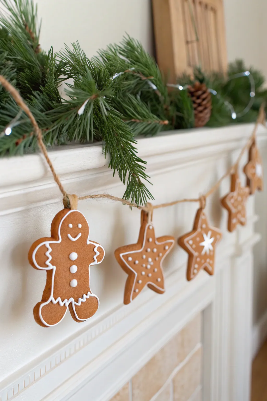 Gingerbread-style clay cookie garland with simple white icing, perfect for a cozy minimalist mantel.