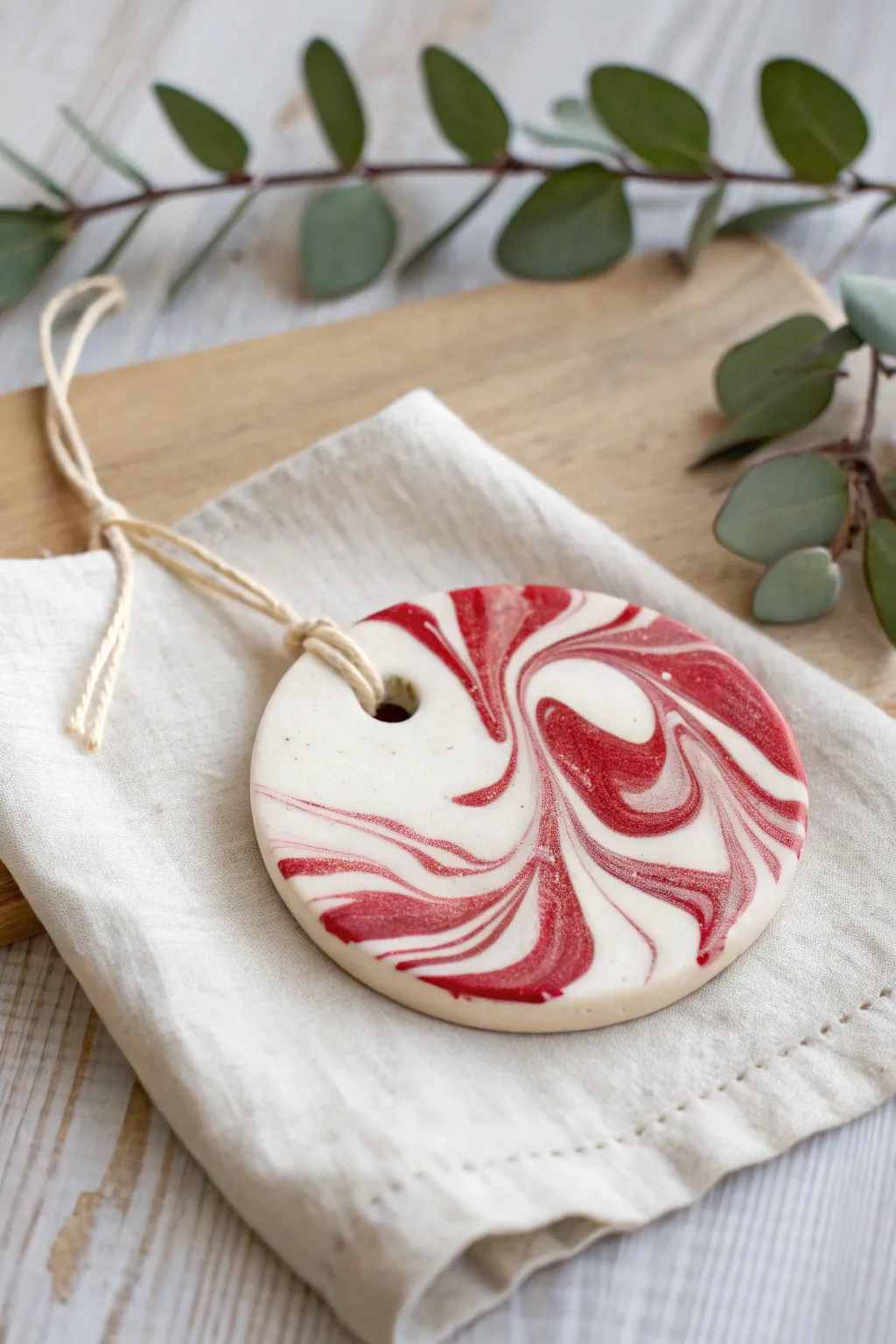 Candy cane swirl clay plaque ornament with ribbon hanger, minimalist boho holiday decor.