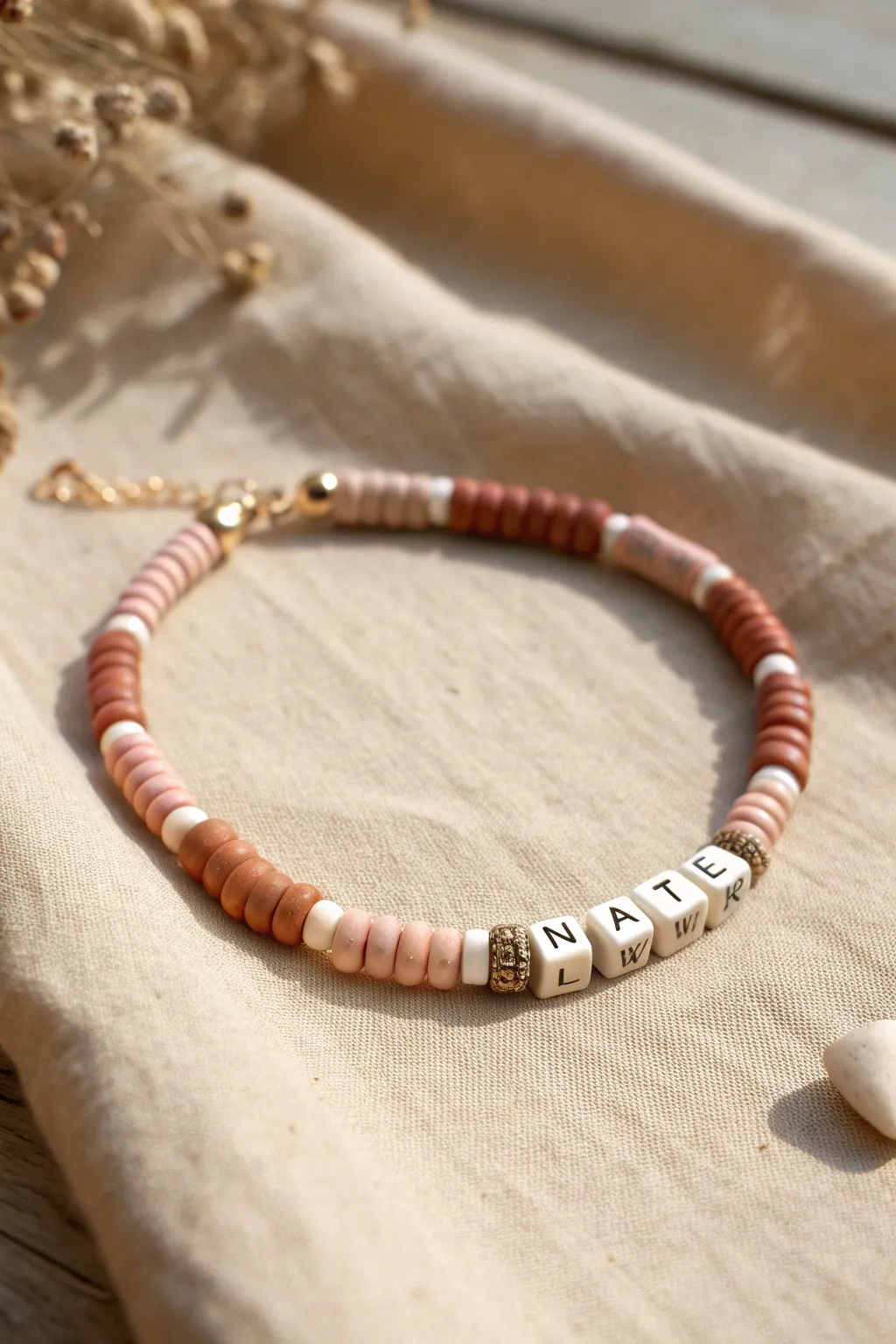 Minimal clay heishi bracelet with centered letter beads for an easy personalized name design.