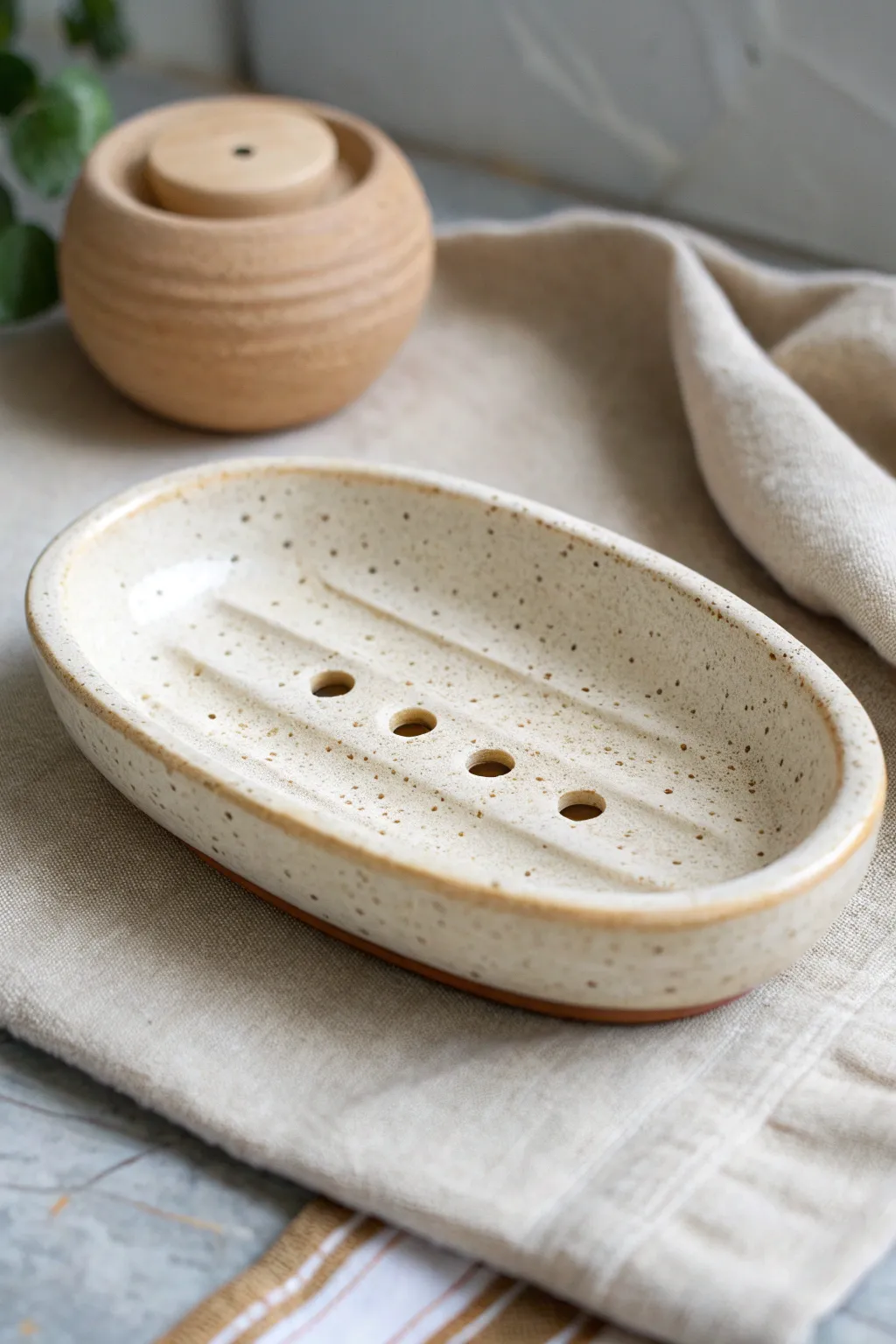 Textured clay soap dish with clean drain holes, styled simply for a calm neutral bathroom vibe.