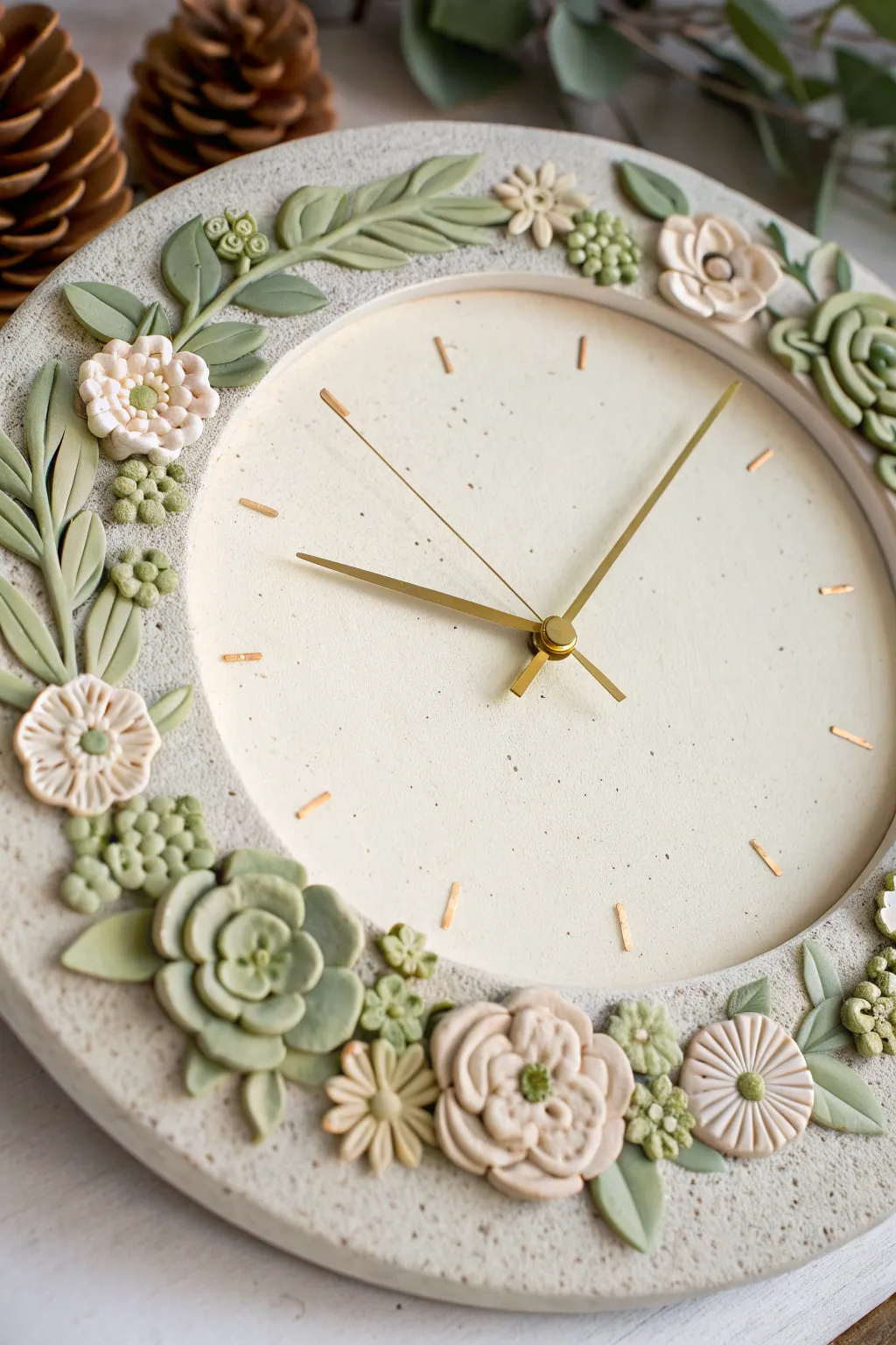 Minimal clay clock with floral wreath border in soft botanicals, cozy handmade charm.