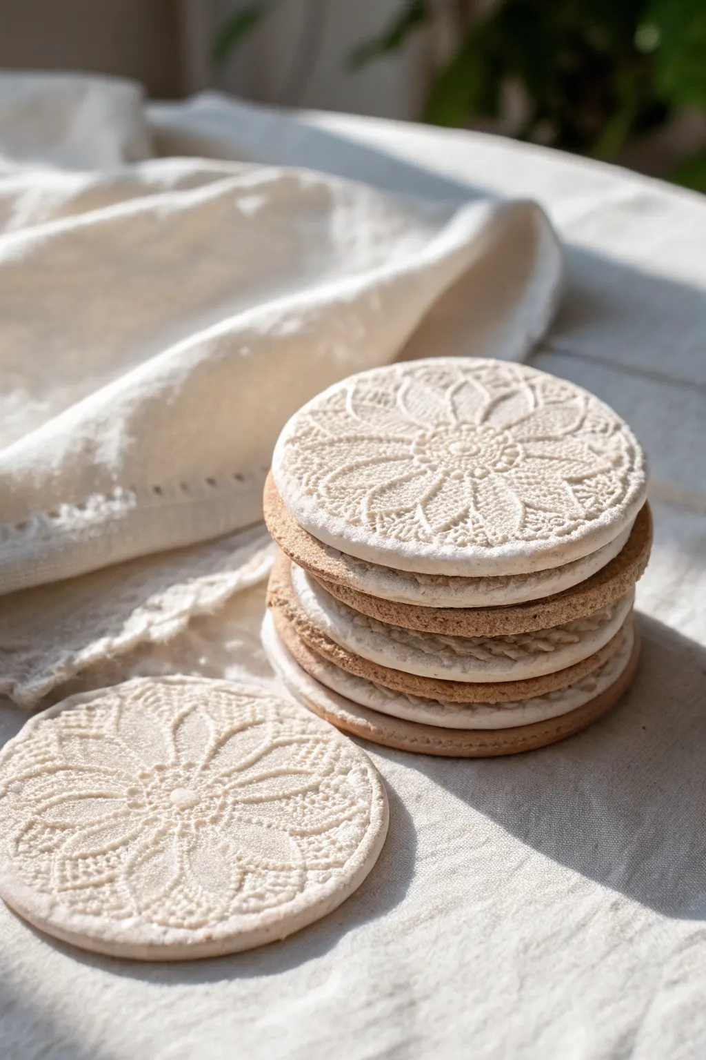 Lace-imprint clay coasters with a soft contrast brush, stacked simply for a cozy minimal vibe