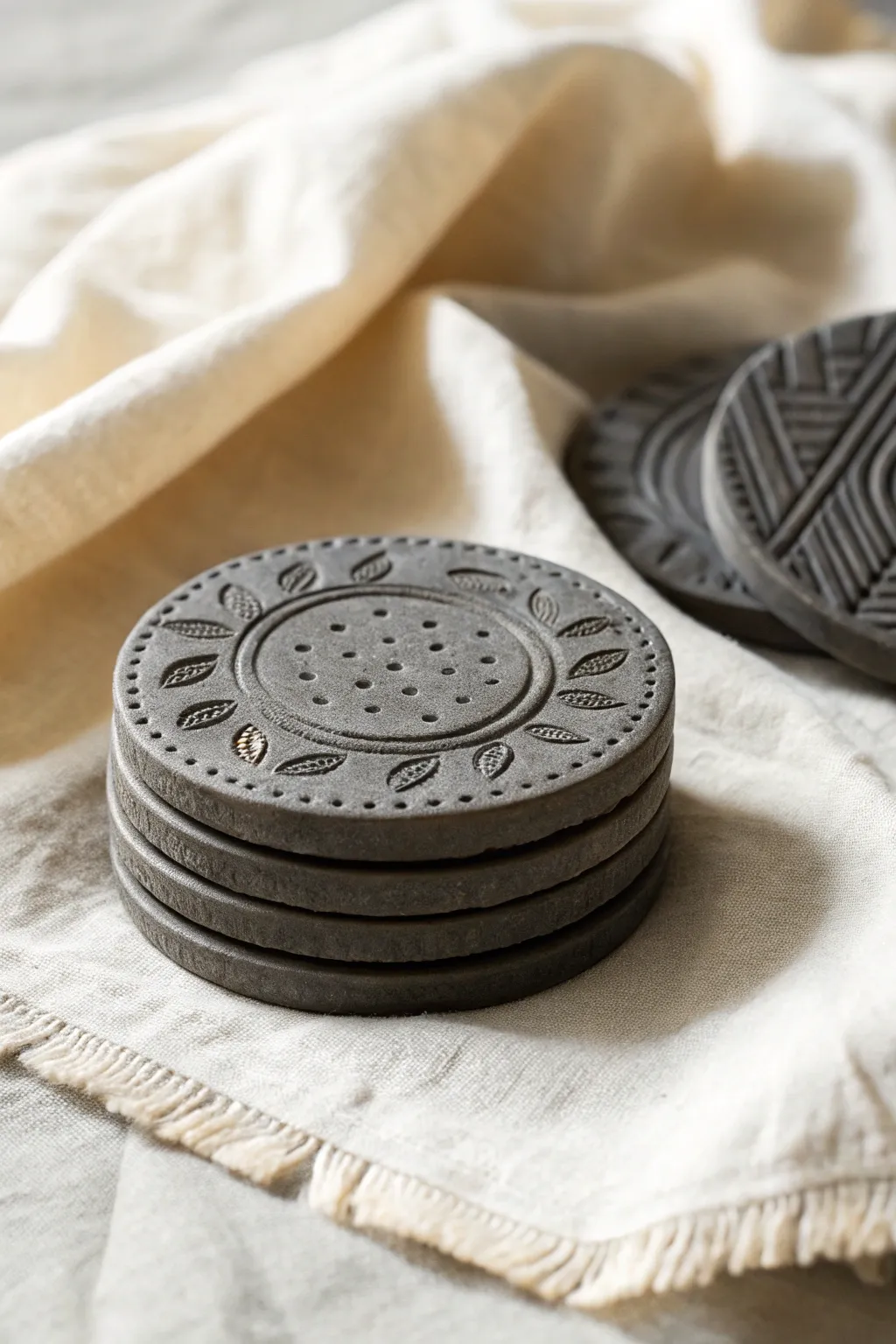 Easy stamped clay coasters, stacked and offset to show clean repeating patterns with high-contrast texture