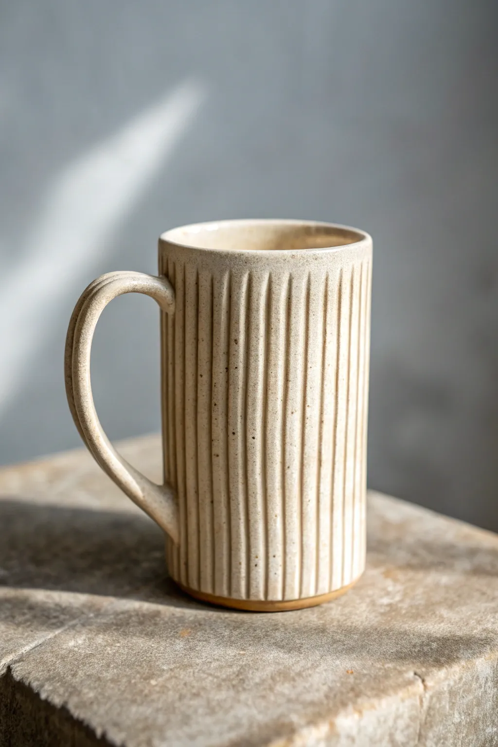 Ribbed clay mug with a sleek modern grip, minimalist glaze, and calm Scandinavian warmth.