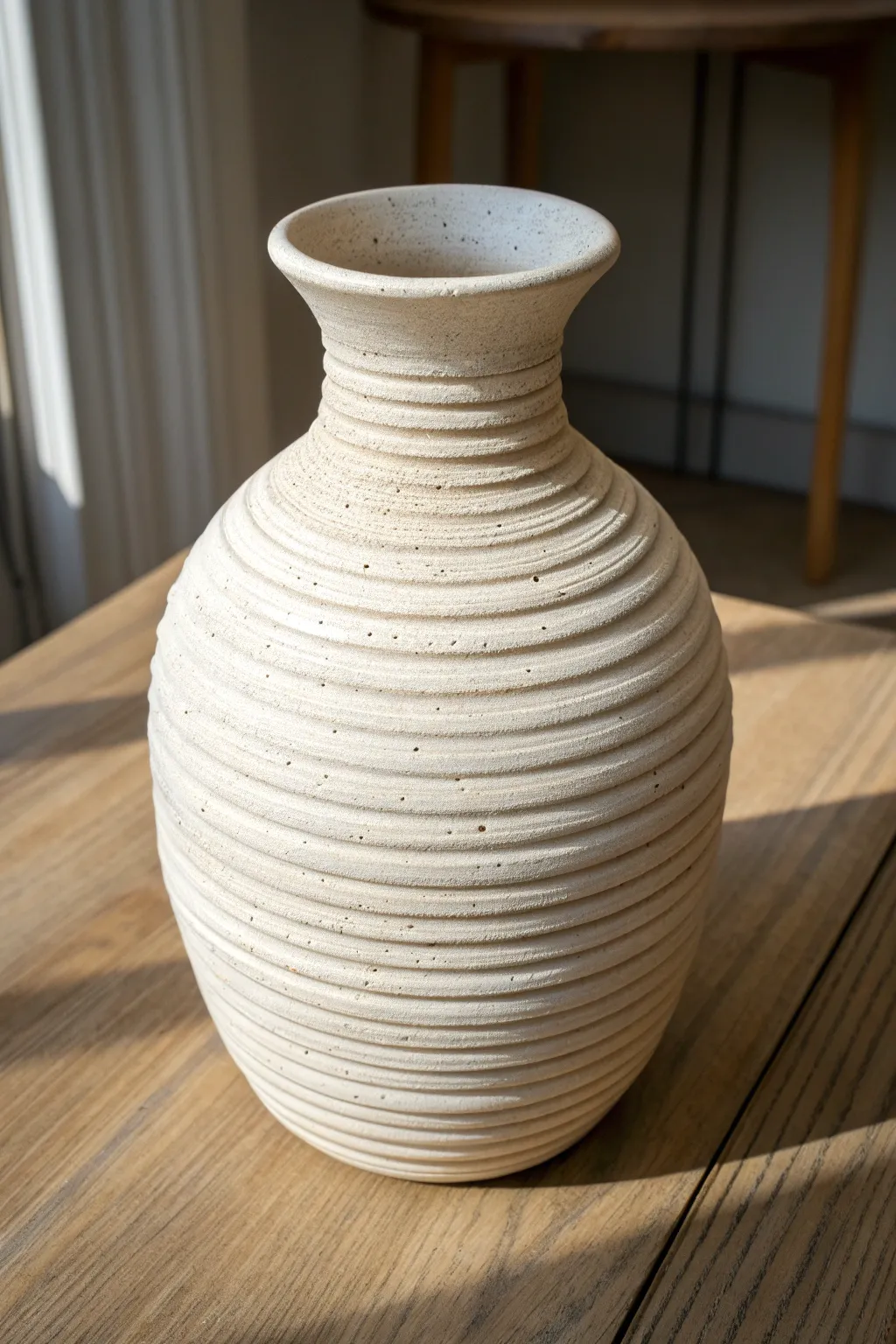 Exposed-coil ribbed vase with glaze breaks that spotlight every handcrafted ridge.