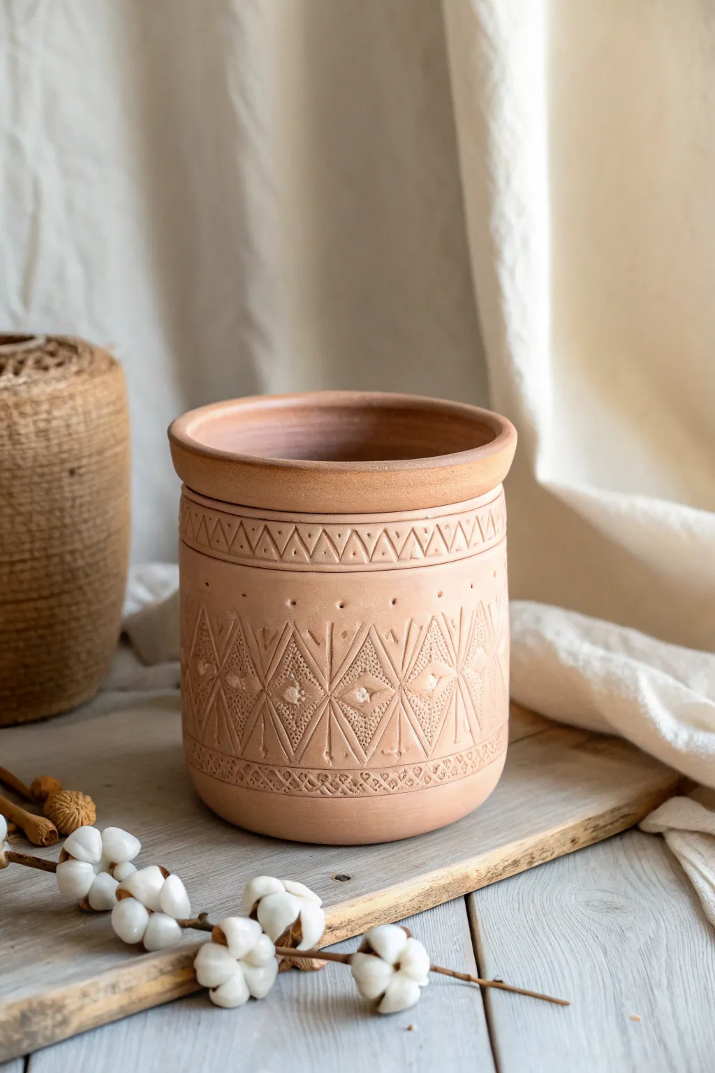Minimal stamped clay container with soft matte finish, styled simply for charming storage ideas.