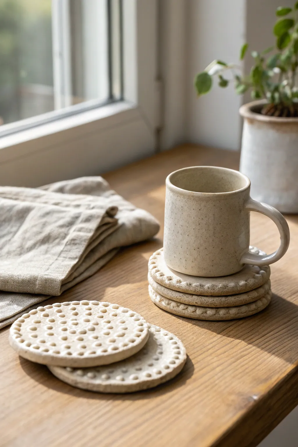 Raised bubble clay coasters in soft neutral tones, stacked with a mug for everyday charm.