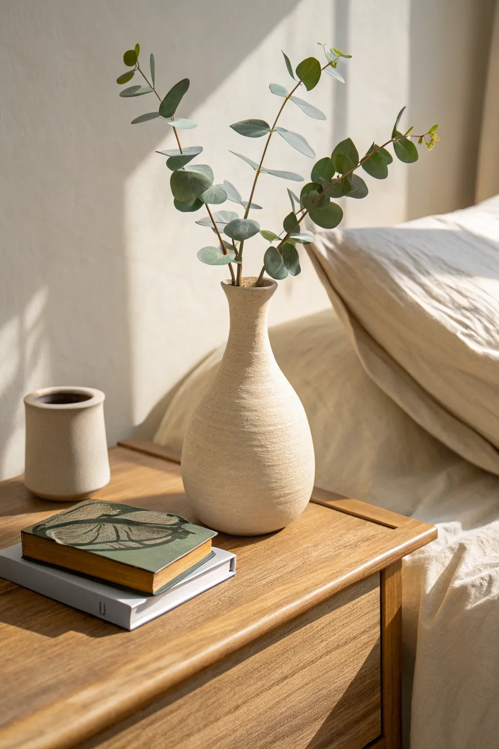 Slim matte bud vase styling: minimalist bedside vignette with soft stems and natural texture.