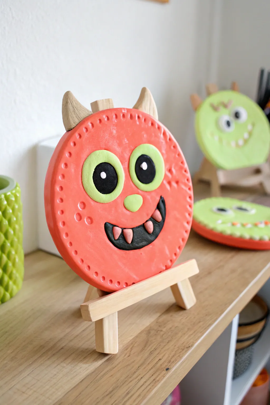 Neon clay monster face plaque with big eyes, playful grin, and cozy minimalist styling.