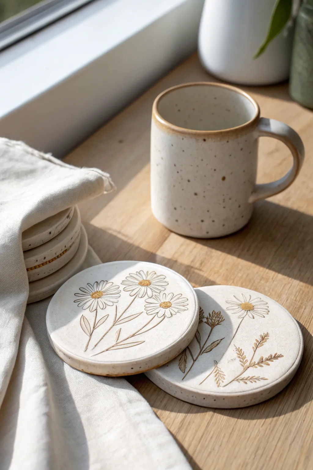 Pressed clay coasters with soft botanical textures and simple daisies, ready for your mug.