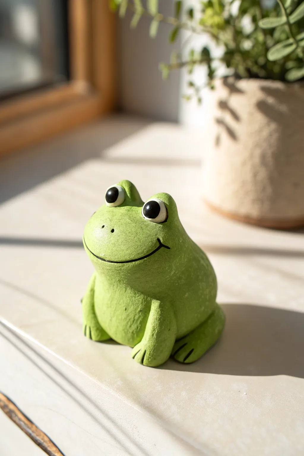 A cheerful big eyed clay frog with a simple smile, minimalist and easy for hobbyists.