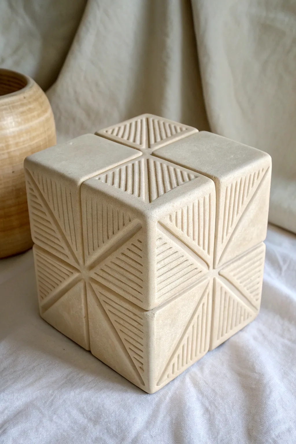 Matte clay cube with clean carved grooves for a calm, modern grid look with artisan warmth.