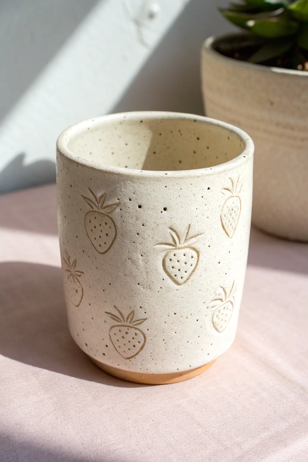 Sweet strawberry-textured clay cup idea with playful 3D details and minimalist pastel styling.