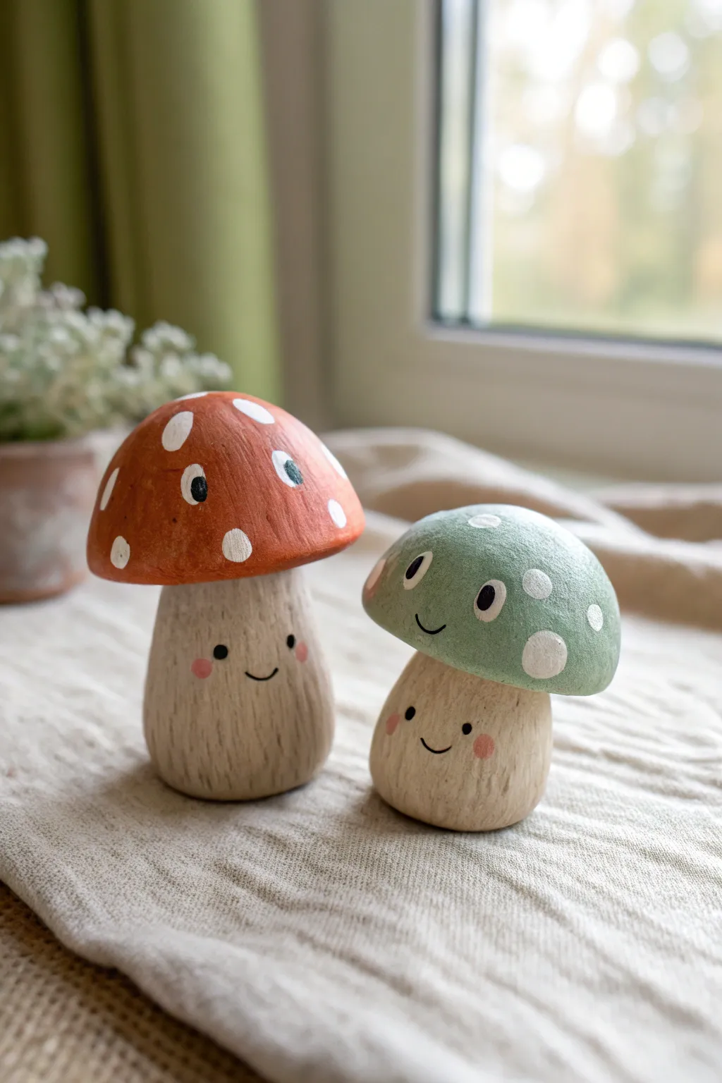 Mix-and-match clay mushroom couple with matching spots, minimalist and cozy for a cute date idea