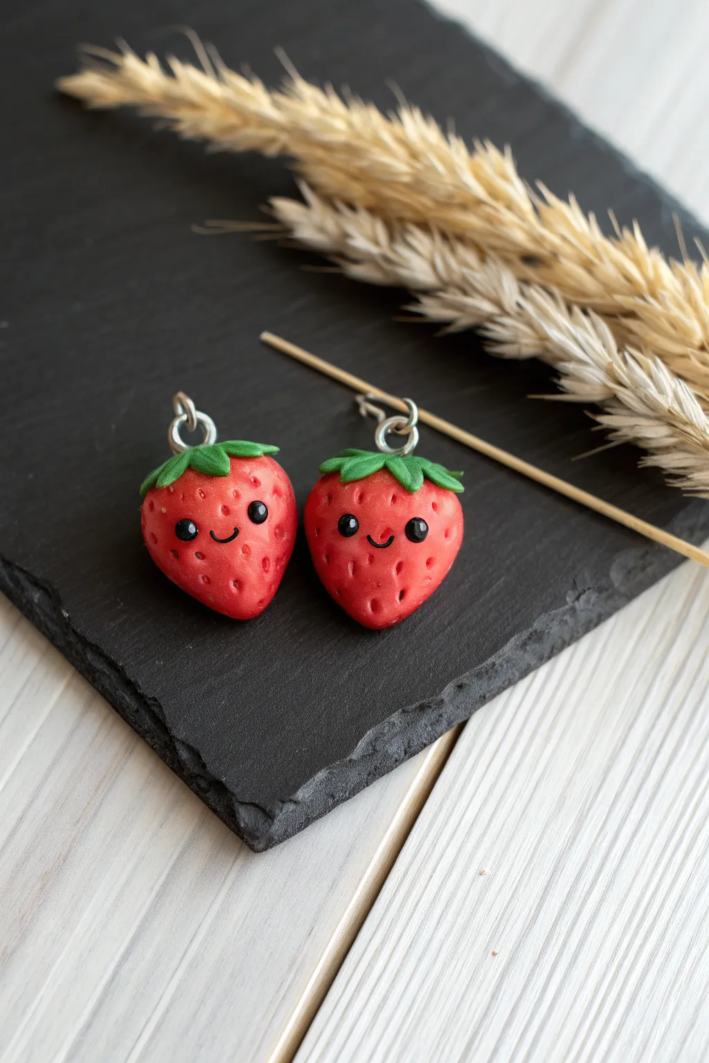 Sweet clay date night idea: a tiny strawberry charm duo, styled minimal on a sleek tray.