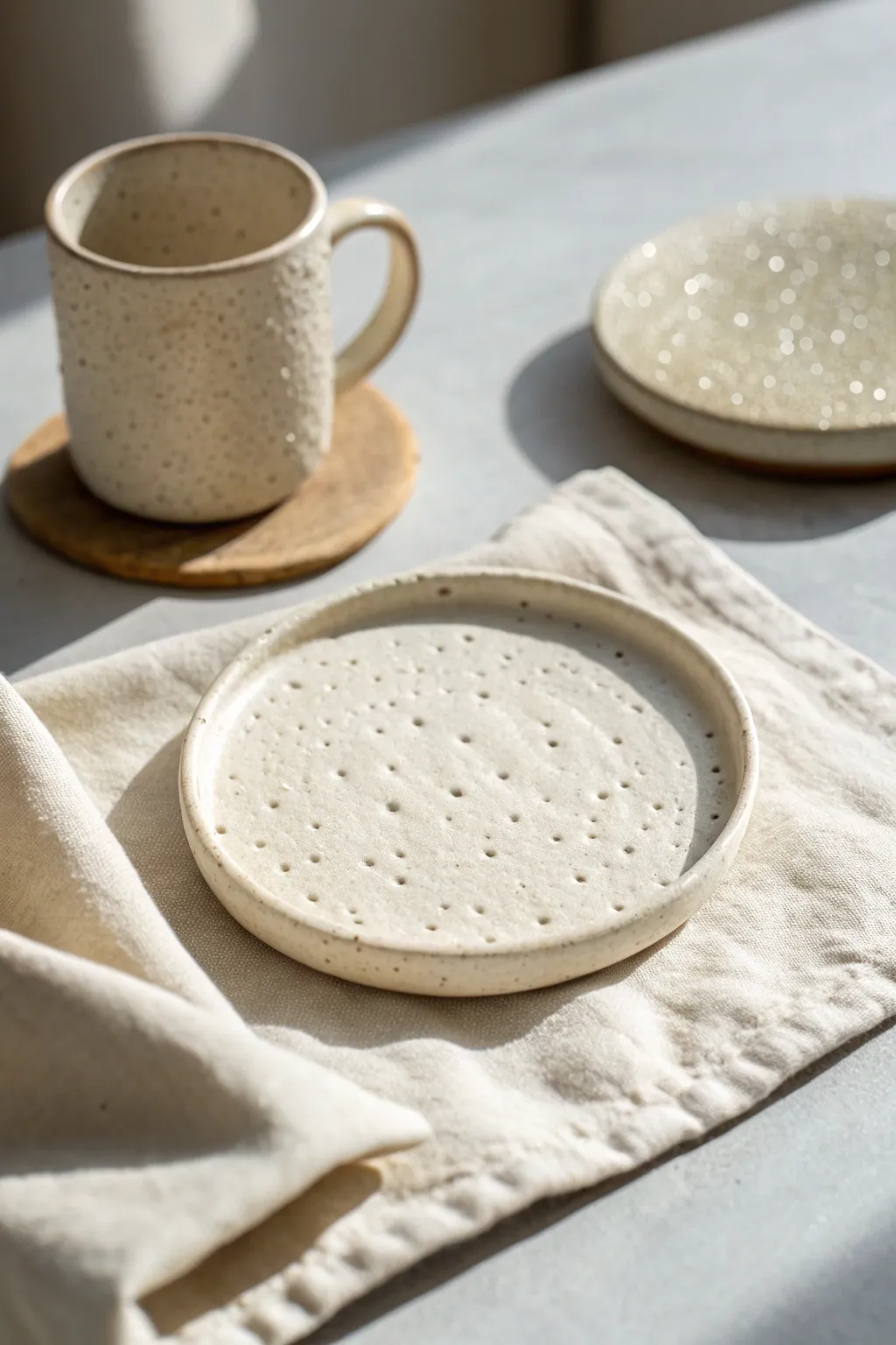Bubble dot clay coasters in soft neutrals, cozy coffee moment, minimalist boho charm.
