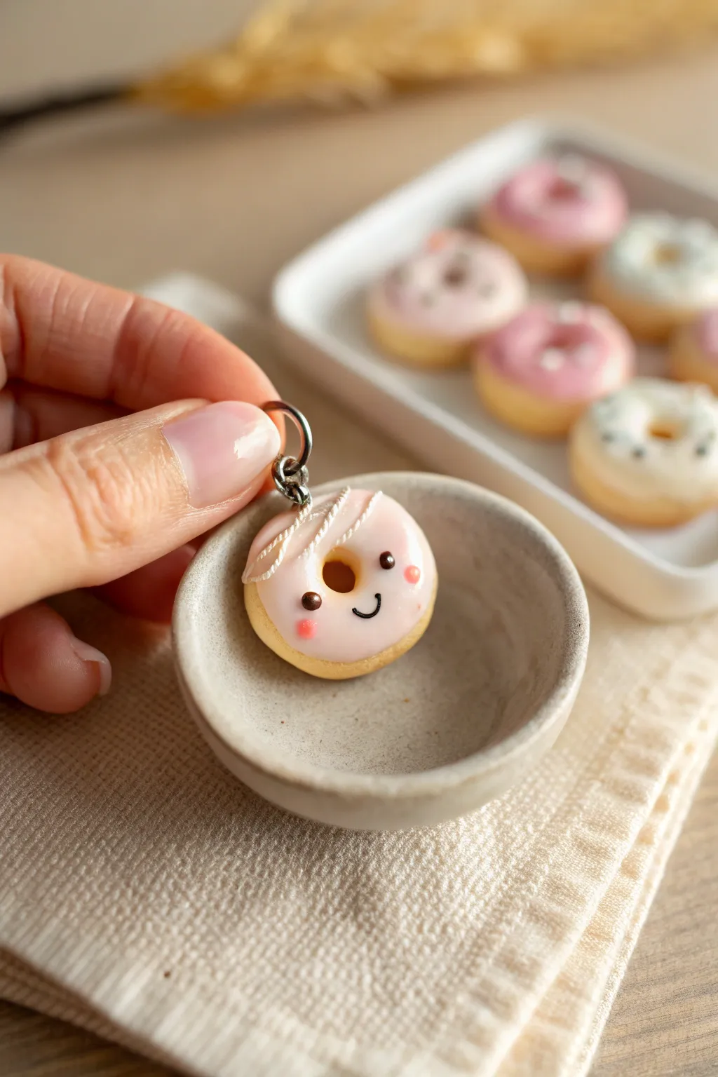 Tiny donut clay charm with a cute face, held between fingers in soft Scandinavian light.