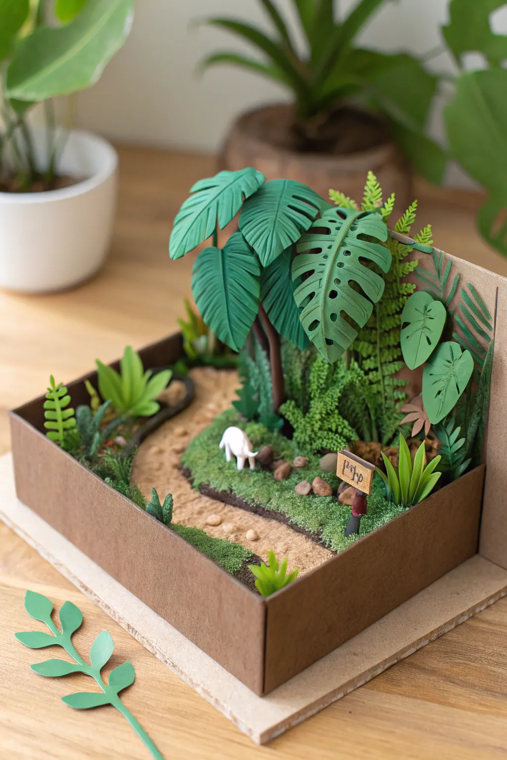 Layered clay jungle diorama with leafy depth, a muddy path, and a tiny animal peeking out