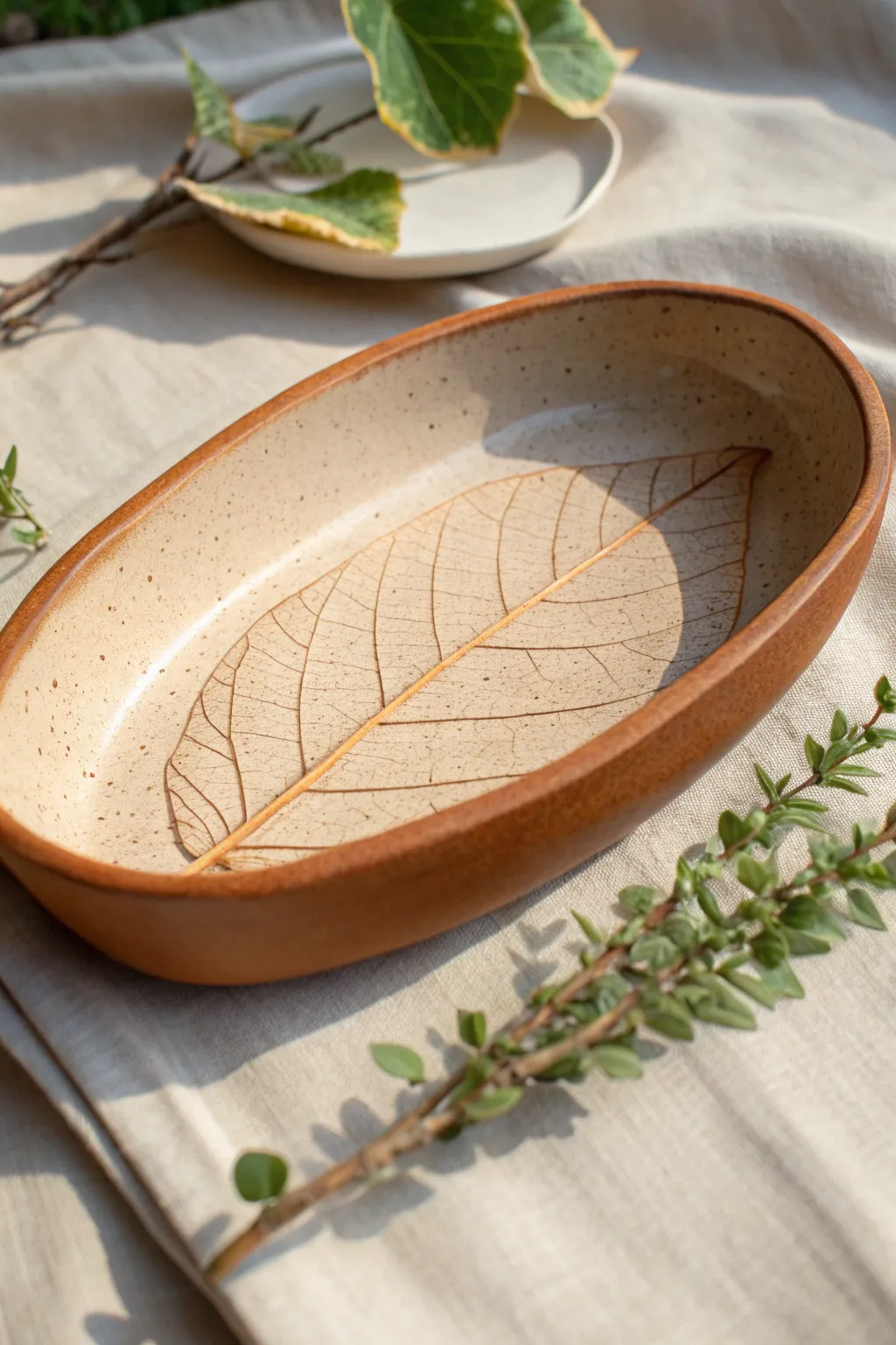 Leaf-imprint oval clay dish in warm earthy tones, minimal styling, crisp texture and soft light.