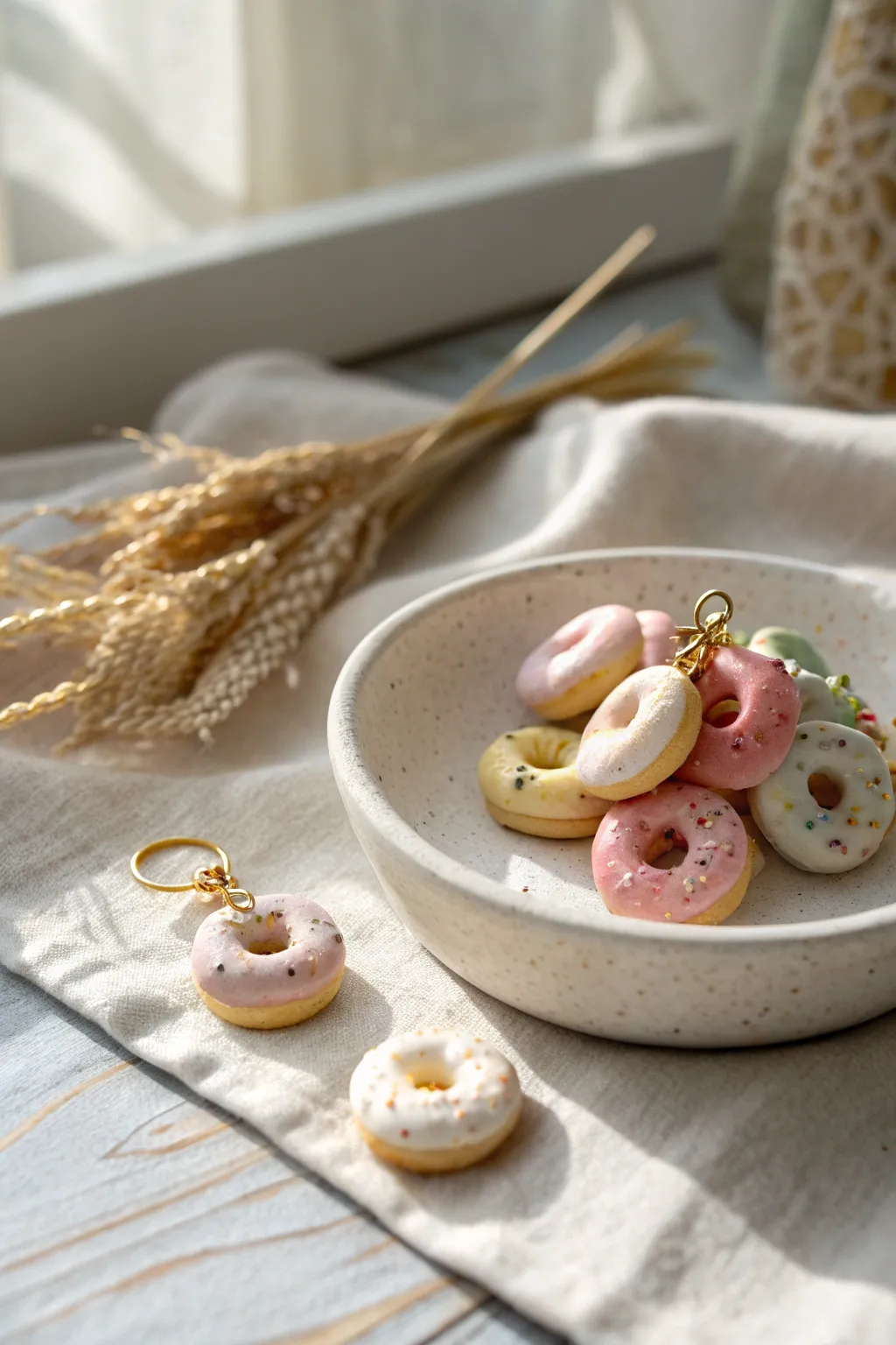Sweet mini clay donut charms in soft pastels, ready to thread onto your favorite jewelry.