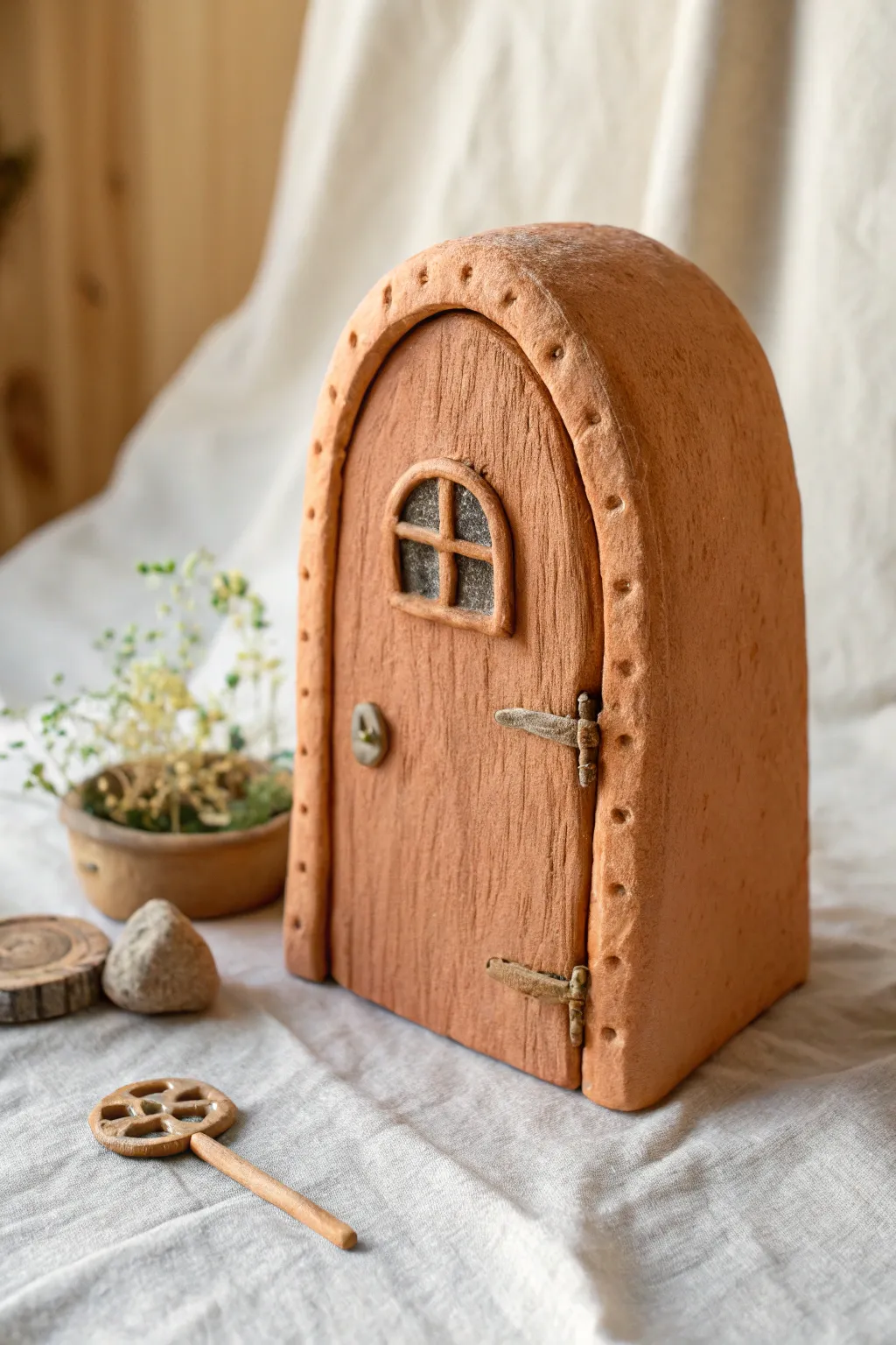 Mini clay door with a simple lattice window, rustic charm in soft Scandinavian tones
