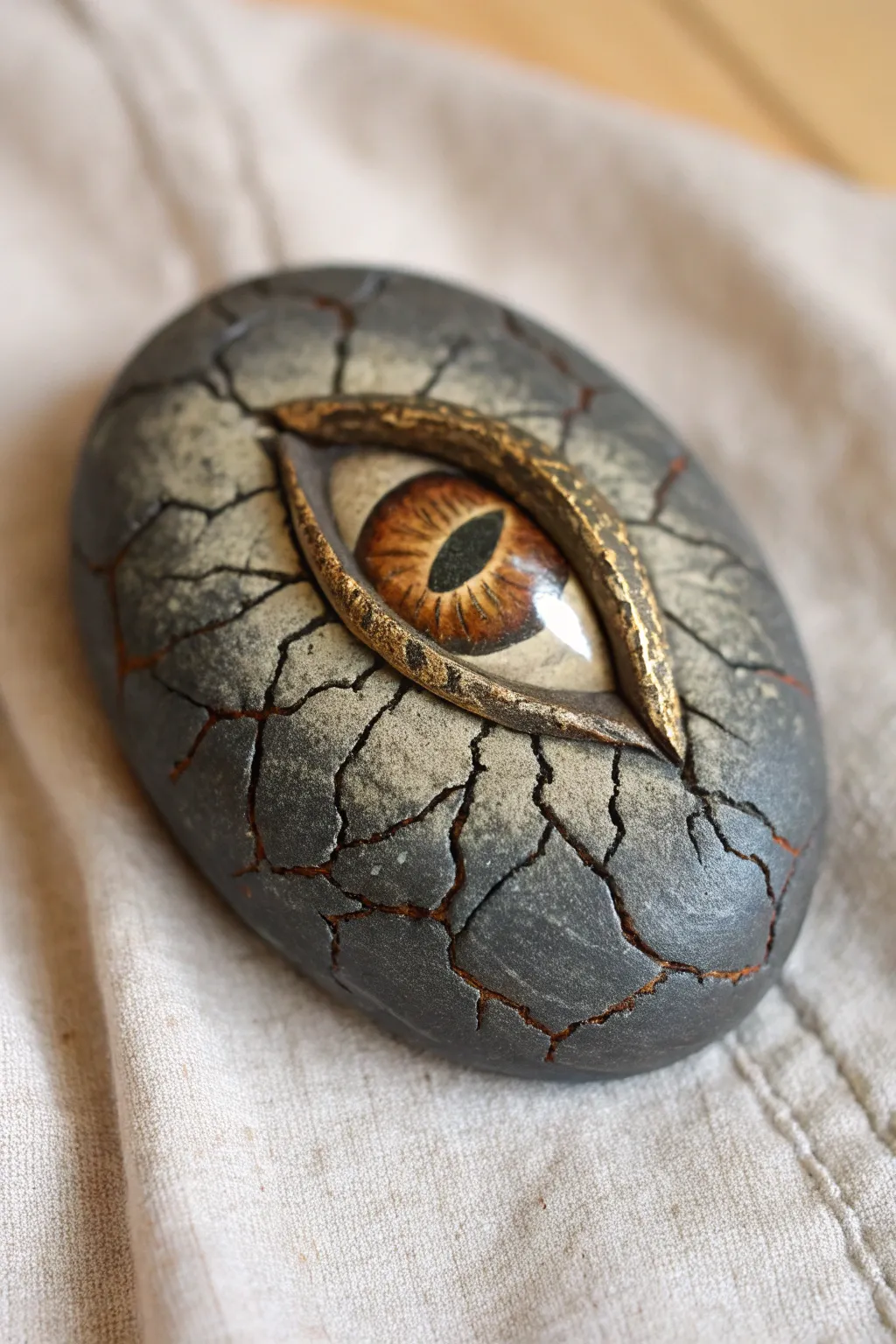 Ancient drake vibe: cracked-earth clay dragon eye with light-filled fissures and moody contrast