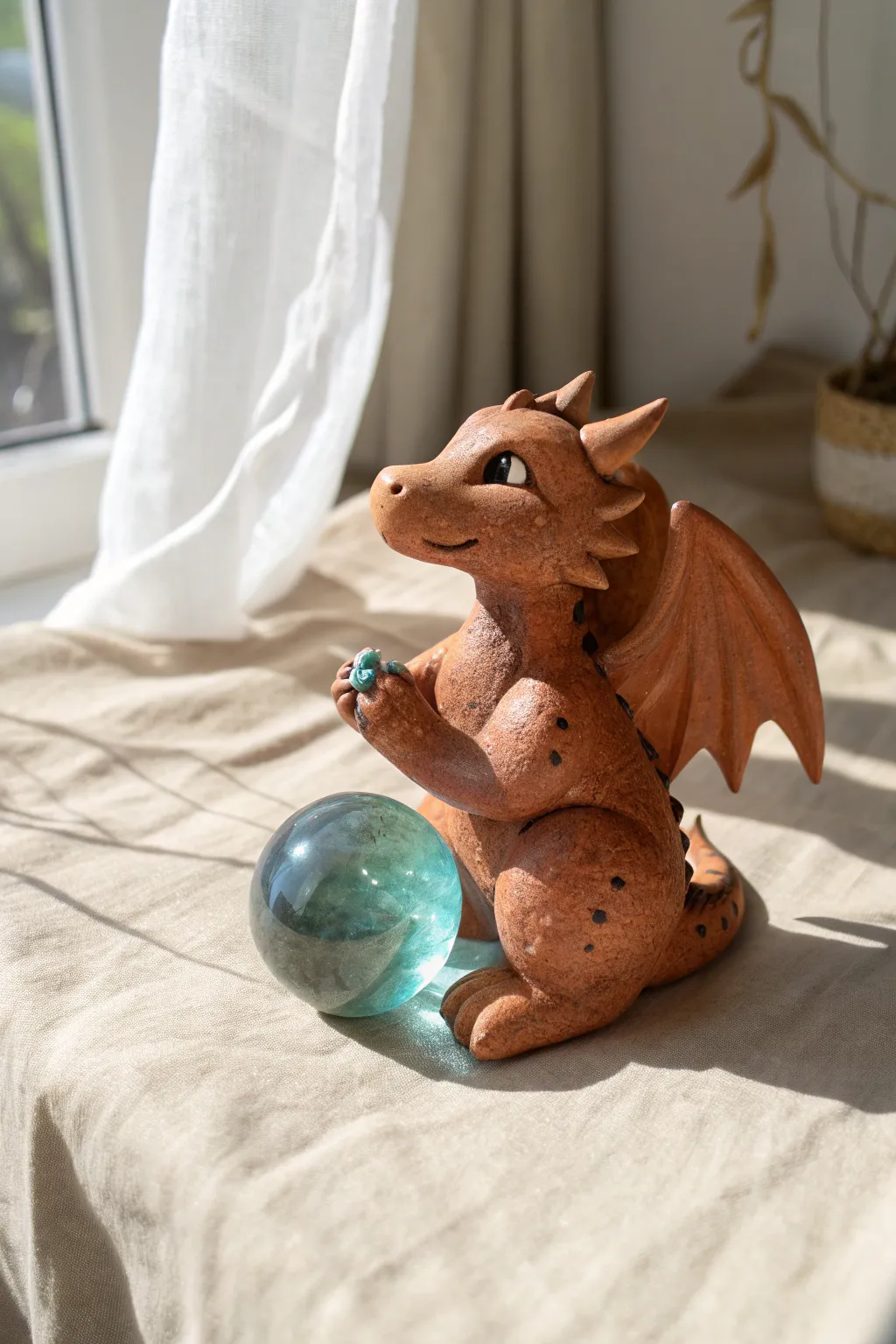 Seated clay dragon hugging a glowing crystal orb, minimalist boho charm with crisp contrast