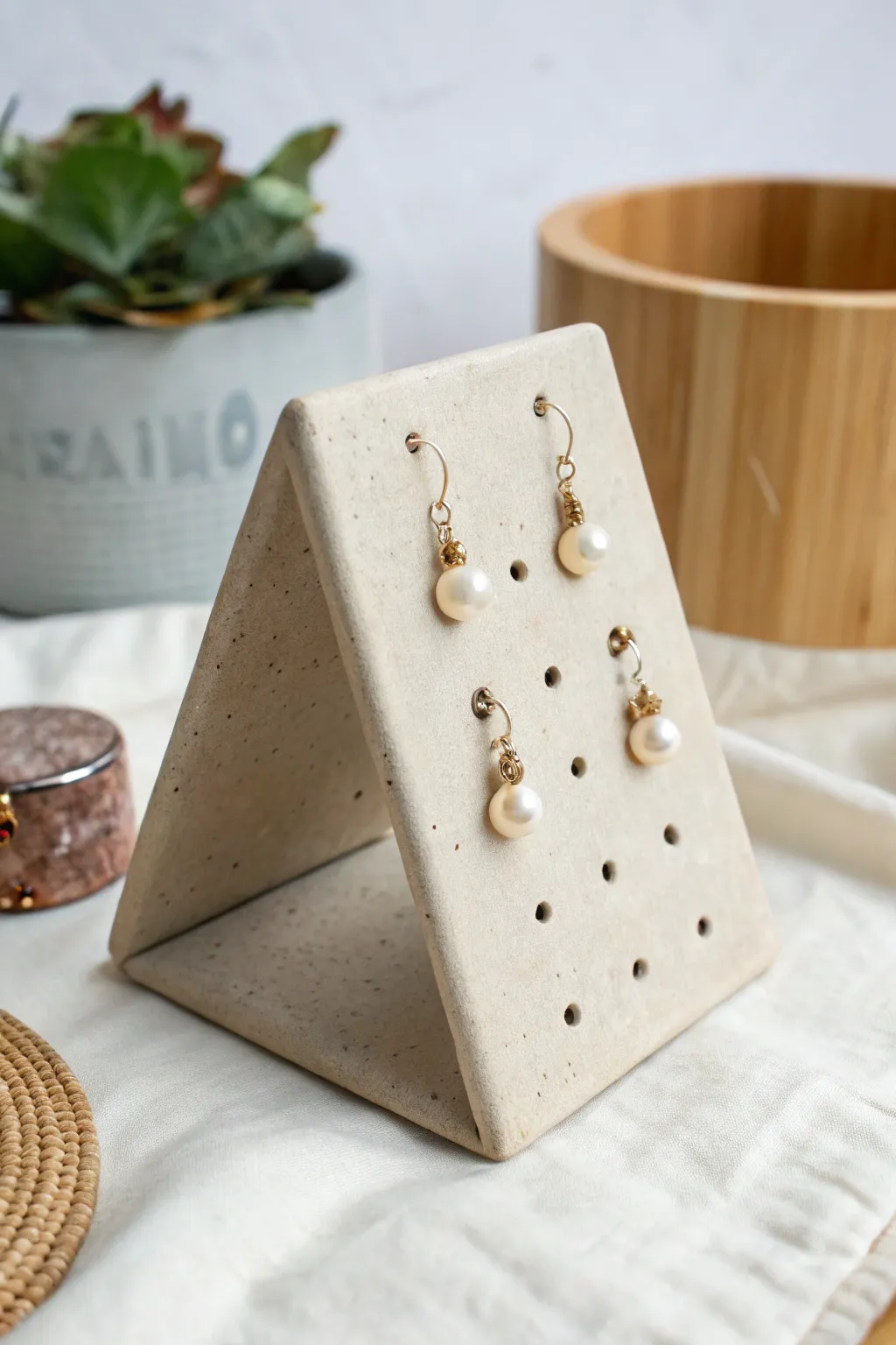 Geometric triangle bookend clay holder, neatly displaying stud earrings in a calm minimalist style.