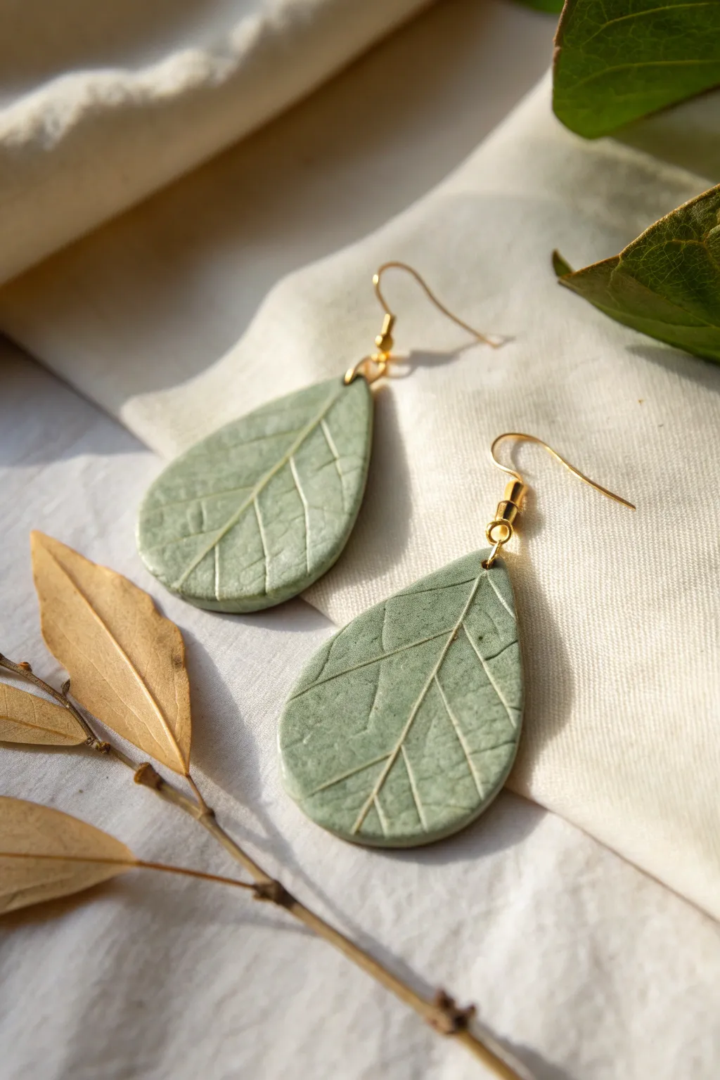 Earthy green leaf-imprint clay drop earring, minimal styling for calm botanical charm