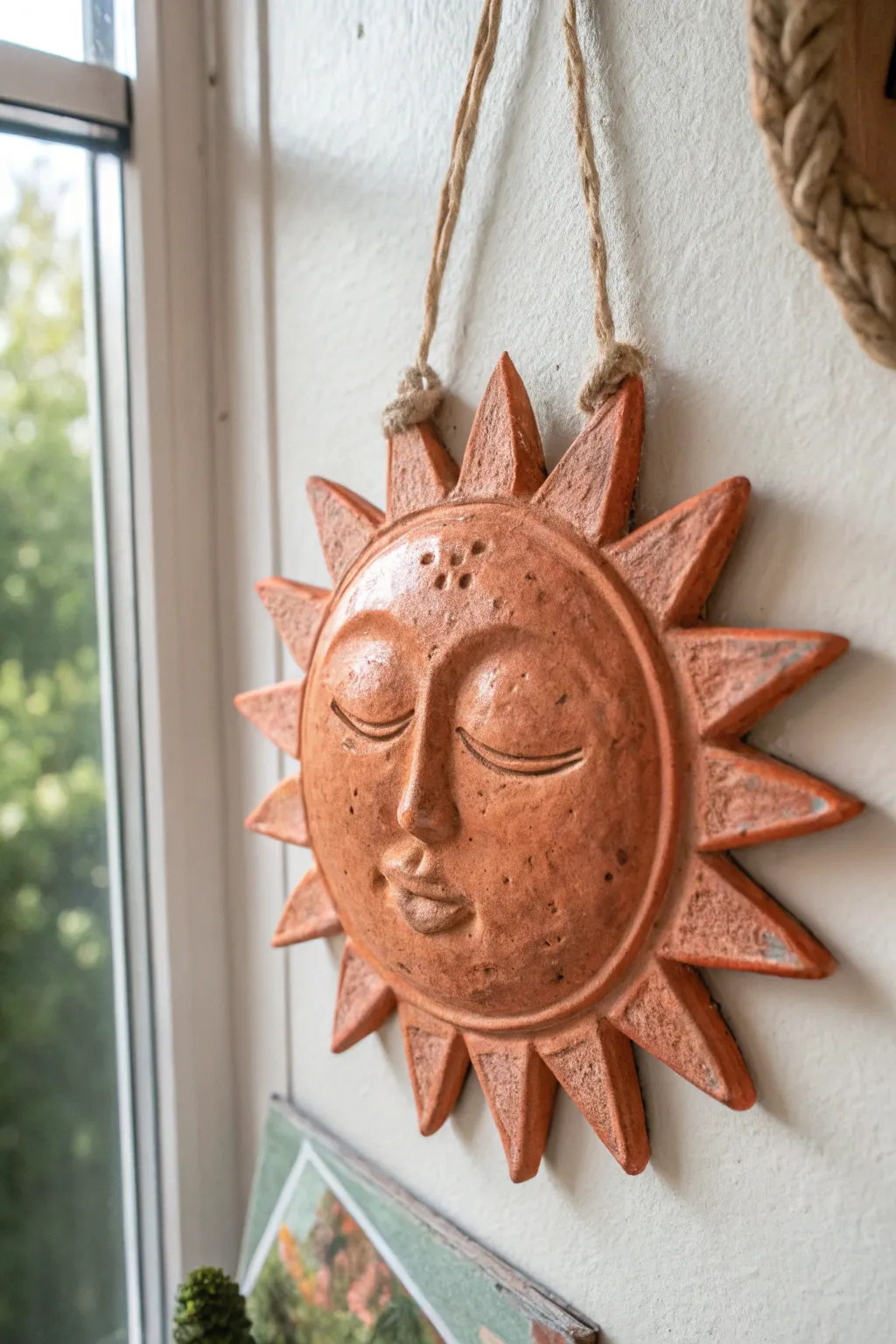 Sleepy sun face wall hanging in warm terracotta, calm and minimal with soft boho charm