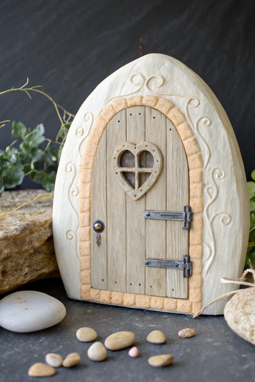 Minimal clay fairy door with a tiny heart window and dark peek inside, finished with vines.