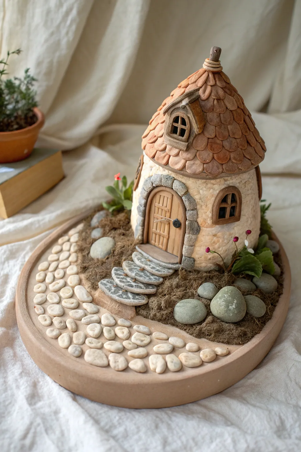 Handmade clay fairy house on an oval base with a raised cobblestone path to the door