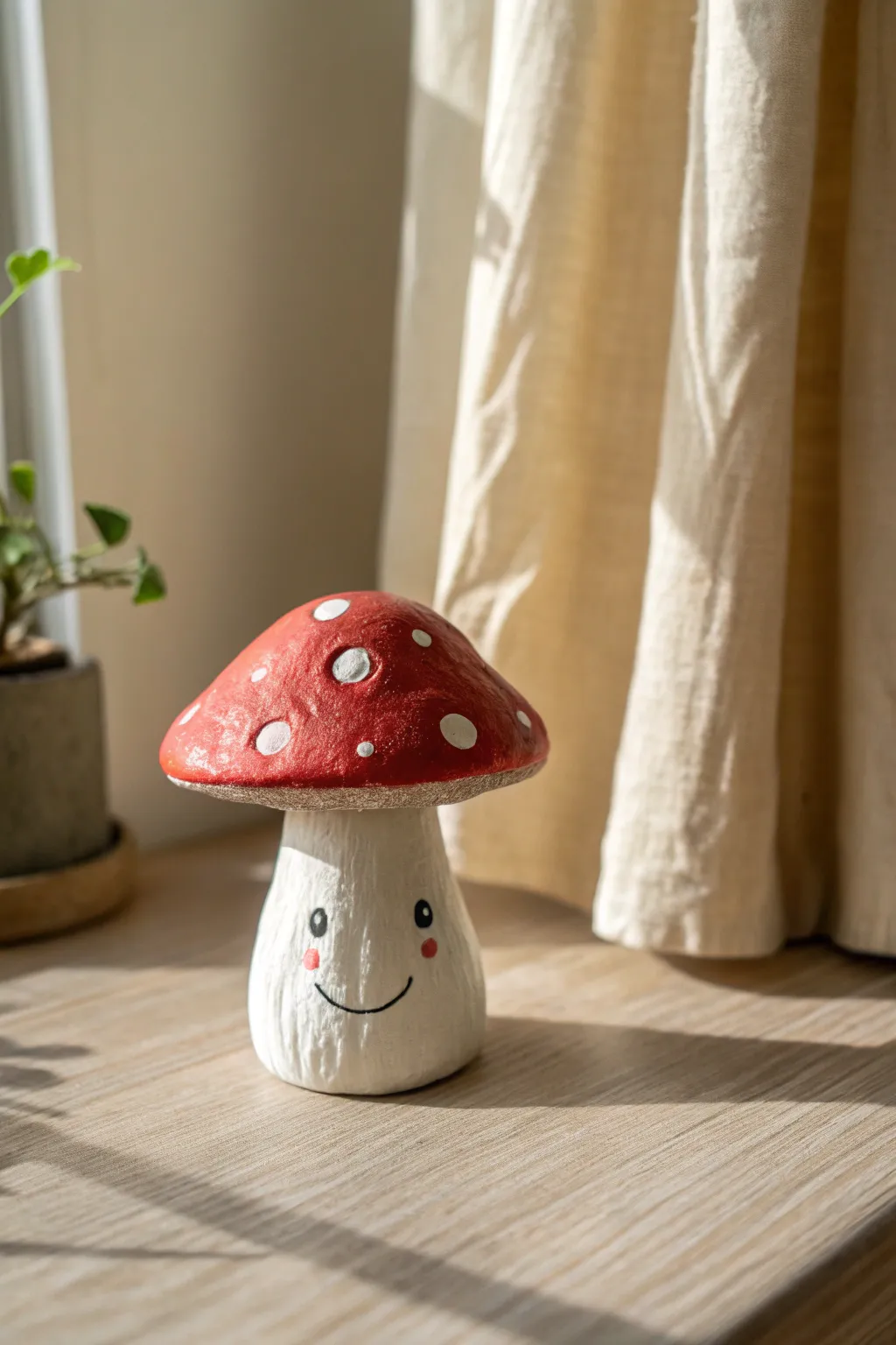 Cheerful chunky-stem clay mushroom with dot eyes, a simple Scandinavian boho desk buddy.