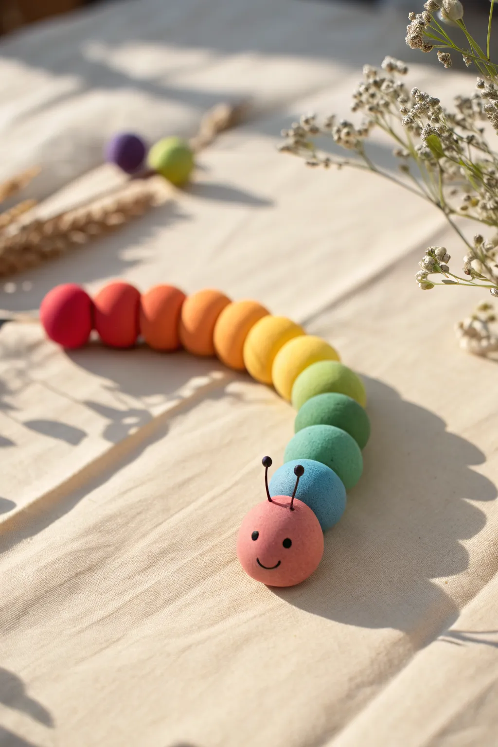 Rainbow clay caterpillar with sweet antennae and smile, a simple kid-friendly figure idea