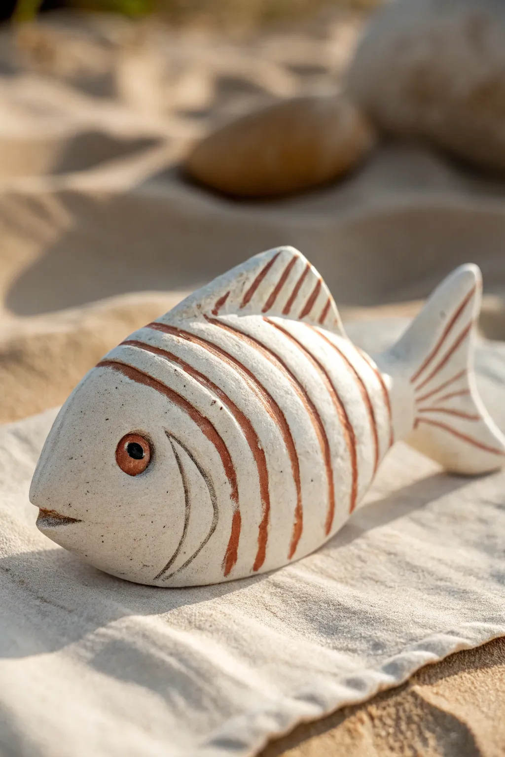 Striped clay fish with carved fin lines, minimal boho styling and crisp contrast in soft light
