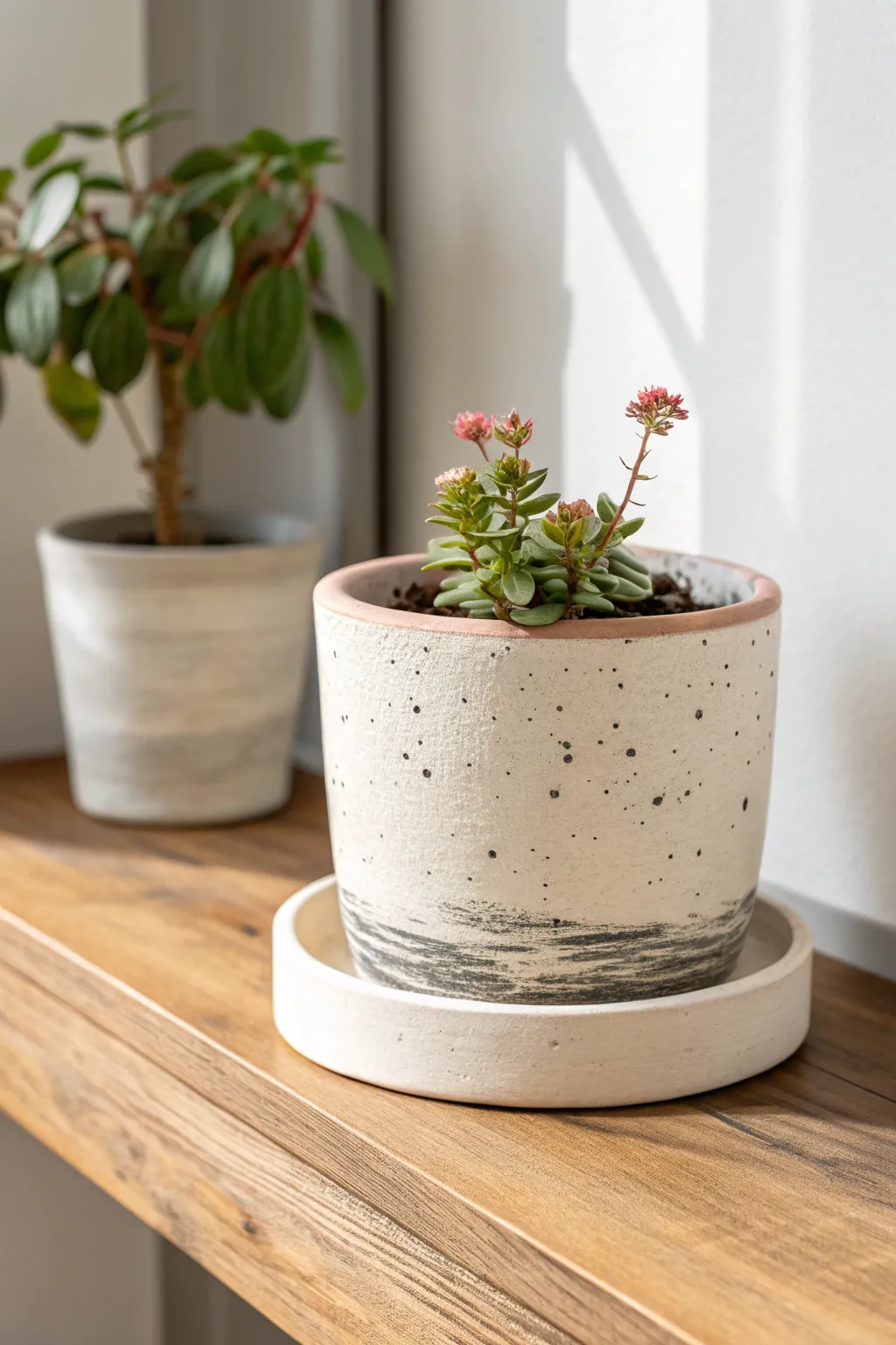 Creamy speckled faux-glaze clay pot that looks like ceramic, perfect for tiny blooms.