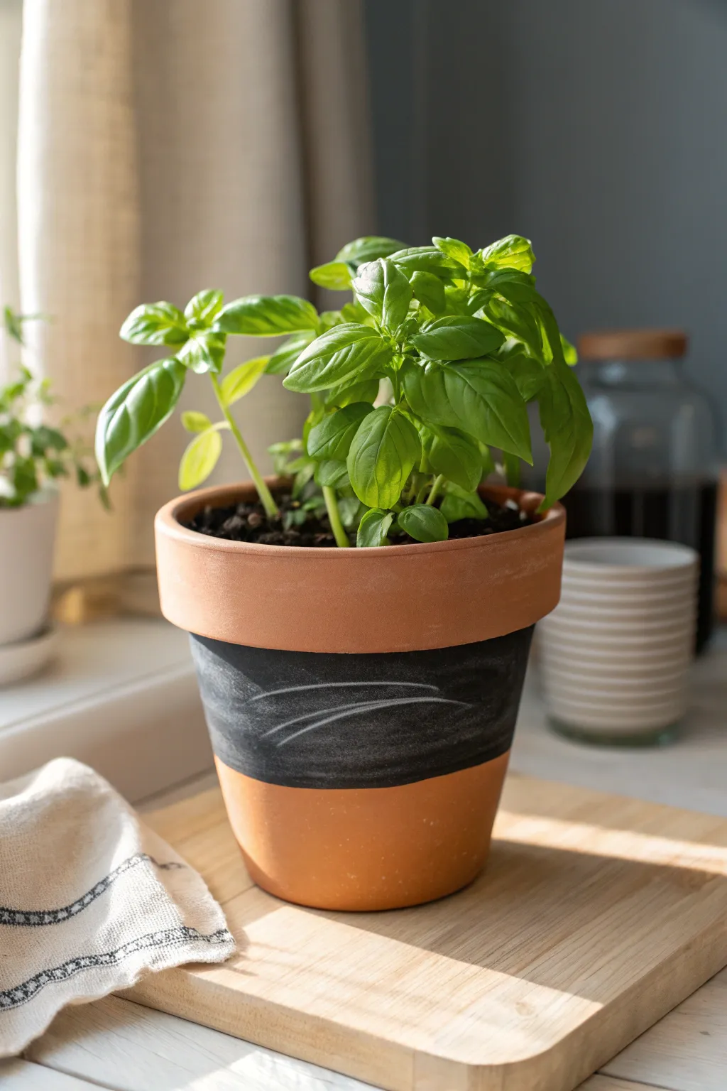 Minimal chalkboard-painted herb pot with blank label band, sunlit and ready for your kitchen.