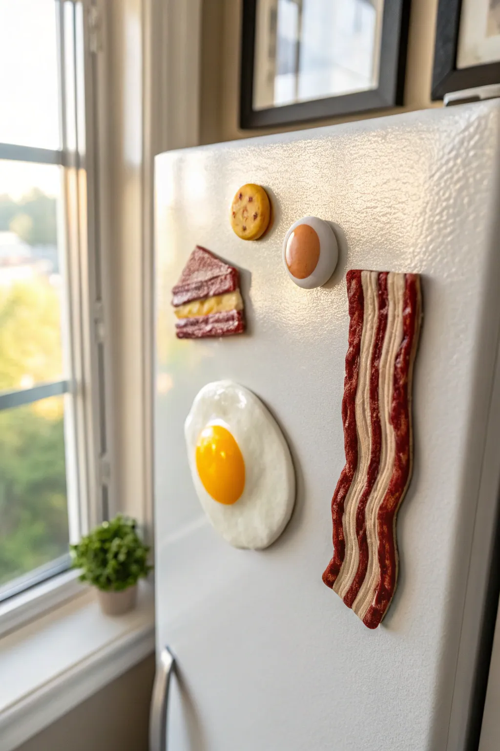 Sunny-side egg fridge magnet with a wavy bacon sidekick, simple clay charm for your kitchen.