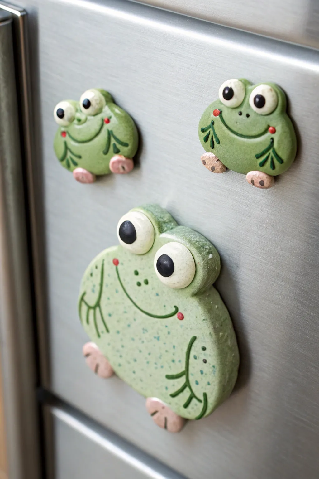 Big faced frog magnets in soft matte glazes, minimalist styling with an airy Scandinavian feel.