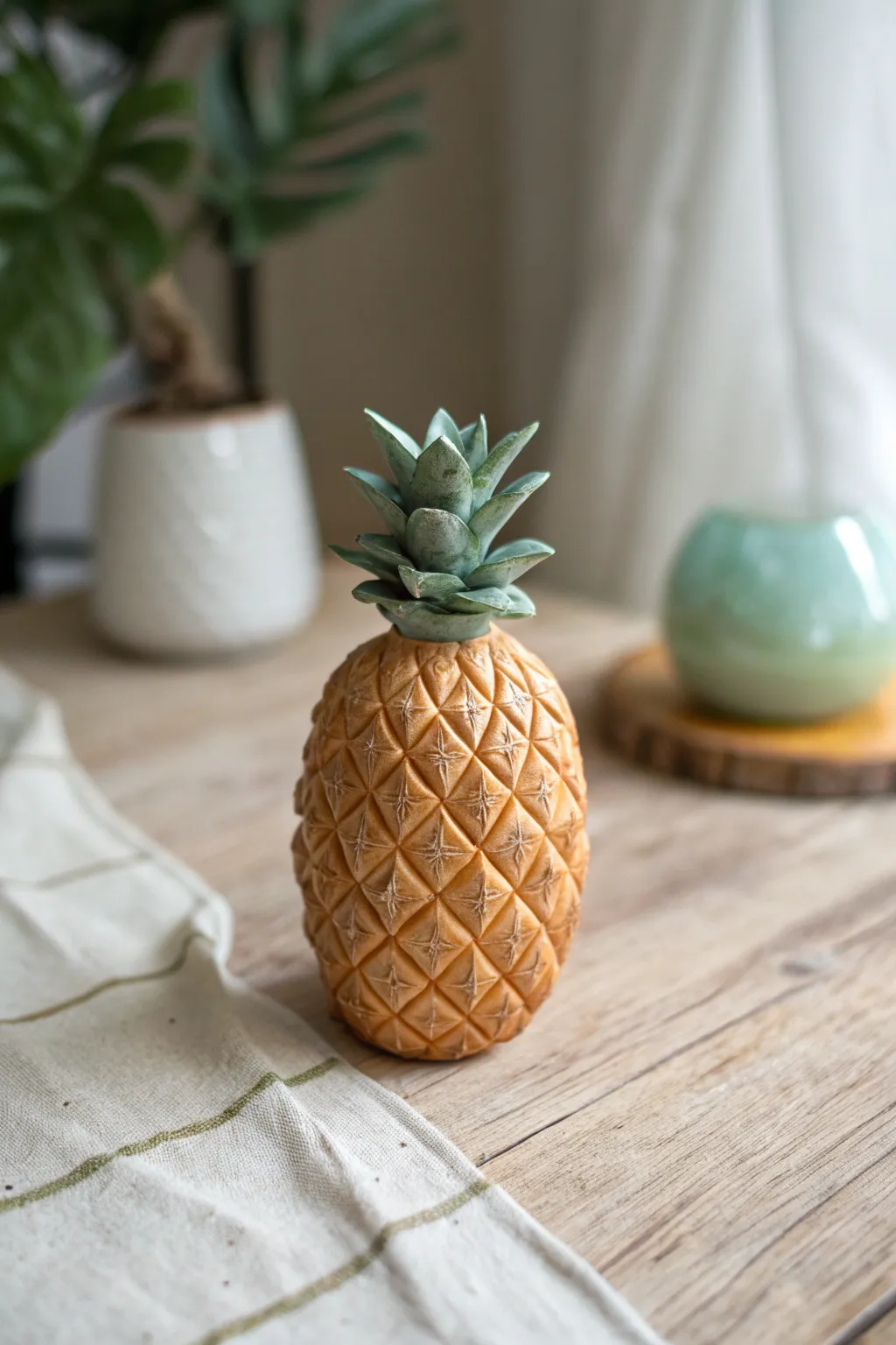 Mini clay pineapple with easy crosshatch texture and sage crown for sweet tropical decor