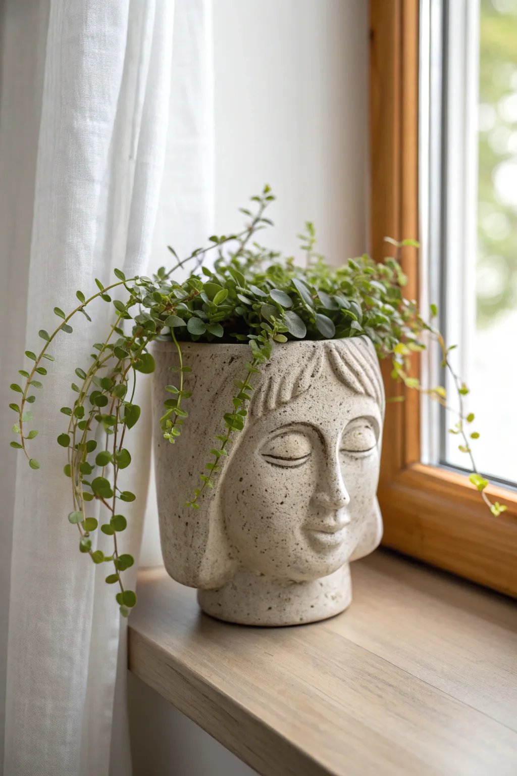 Serene face planter with leafy hair, a minimalist boho accent for bright windowsills.