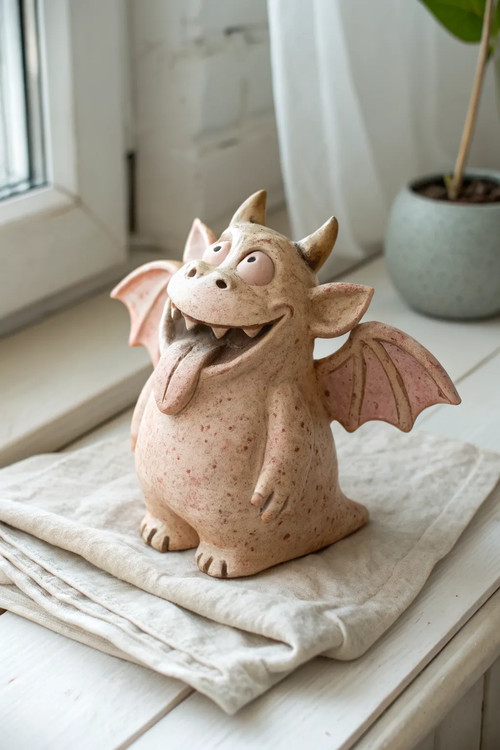 Goofy clay gargoyle with jagged teeth and a tongue-out grin, perfect for playful pottery ideas