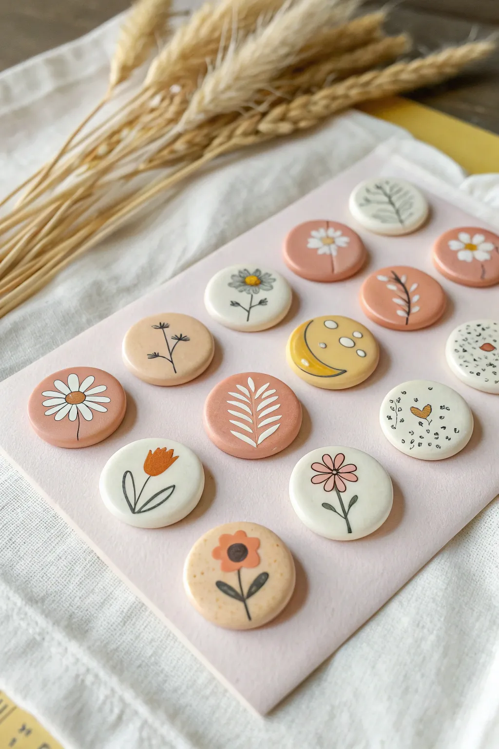 Mini clay fridge magnets in a neat grid, soft boho colors that look like tiny art prints.